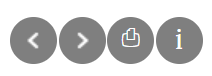 Ilustracja przedstawia cztery ikony dolnego panelu. W kółkach umieszczone są: strzałki do przesunięcie zdjęcia lewo oraz w prawo, ikona drukarki (dająca możliwość wydrukowania zdjęcia i informacji) oraz ikona z literką „i” (dającą możliwość wyświetlenia dodatkowych informacji). 