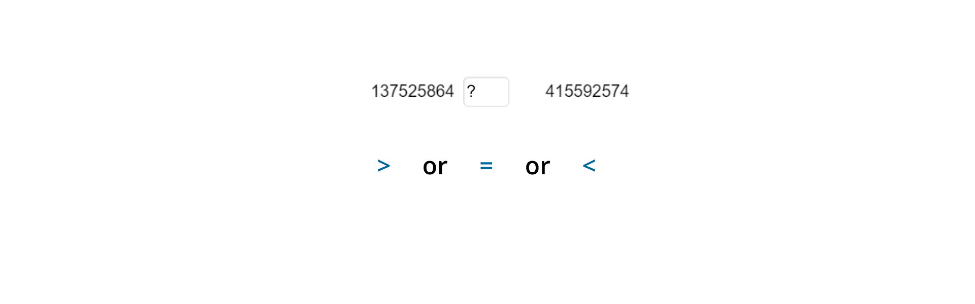 Na rysunku znajduje się zapis 137525864 znak zapytania 415592574, poniżej zapis: znak większe od or znak równości or znak mniejsze od.