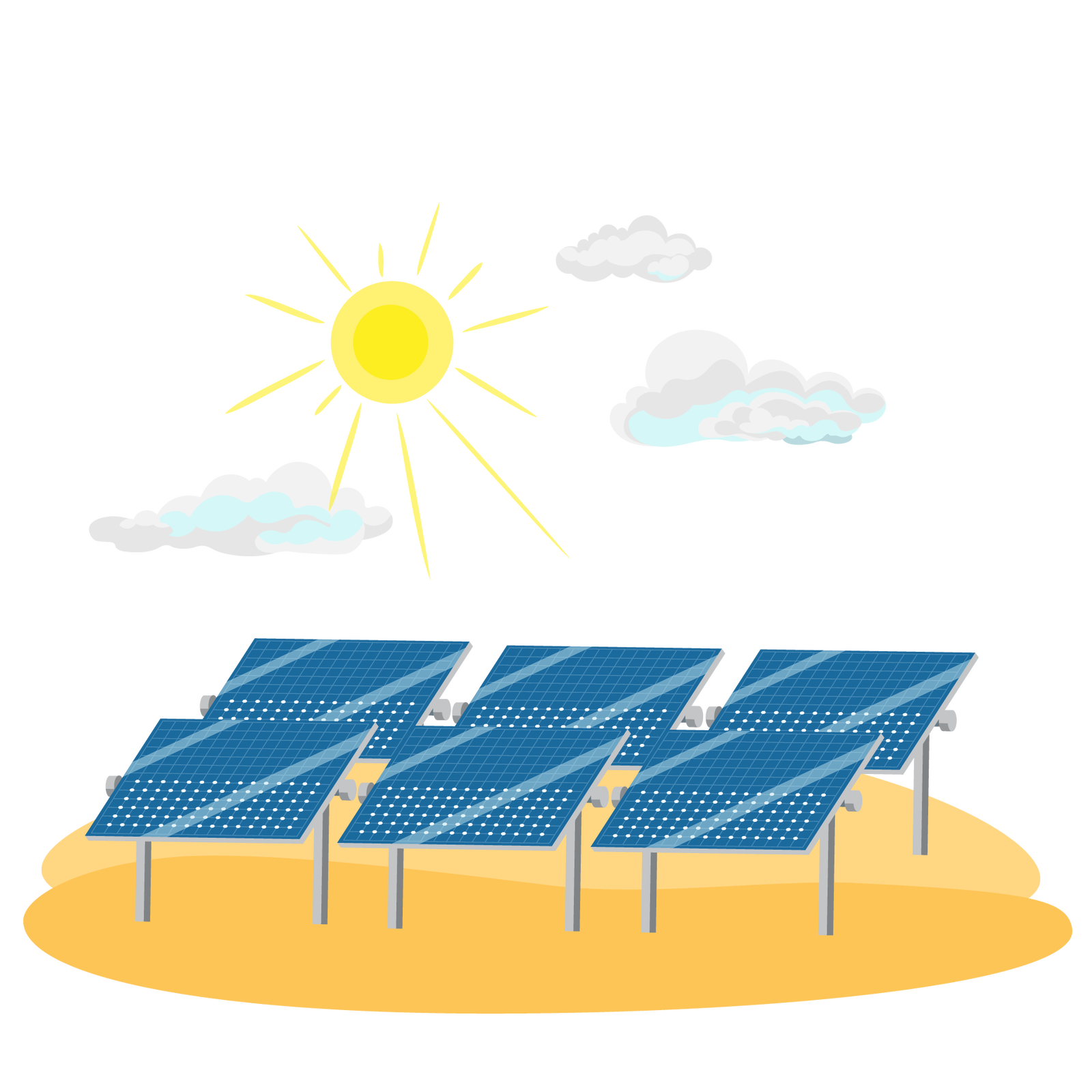 Ilustracja przedstawia panele fotowoltaiczne, czyli płaskie urządzenia służące do pozyskiwania energii ze Słońca. Na ilustracji znajduje się sześć paneli ustawionych w dwóch rzędach. W tle widać Słońce i trzy chmury.