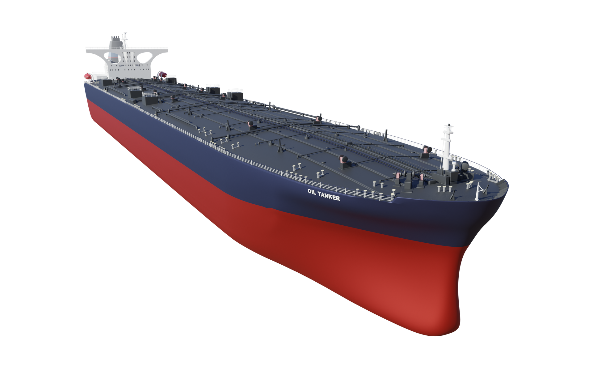 Na zdjęciu widoczny jest animowany tankowiec przewożący ropę naftową. Tankowiec jest długim statkiem na rufie którego znajduje się mostek. Widoczny mostek jest w kształcie odwróconego trapezu równoramiennego. Pokład tankowca jest płaski. Po pokładzie biegną rury.