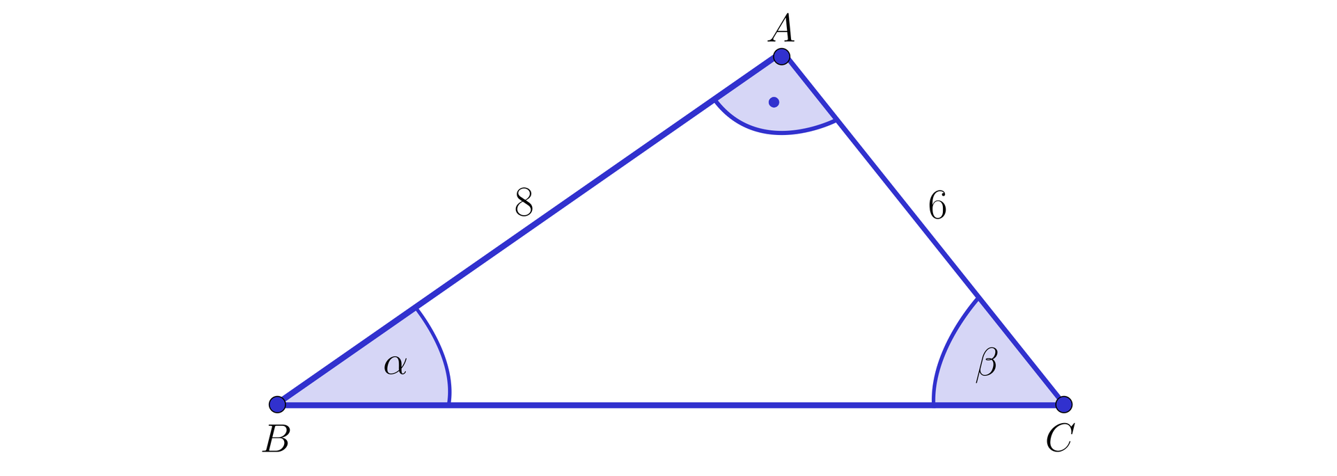 Ilustracja przedstawia trójkąt prostokątny A B C z zaznaczonymi kątami 90 stopni przy wierzchołku A, kącie alfa przy wierzchołku B oraz  kącie beta przy wierzchołku C. Podane zostały także długości przyprostokątnych trójkąta. Bok A B o długości osiem oraz bok A C o długości 6.