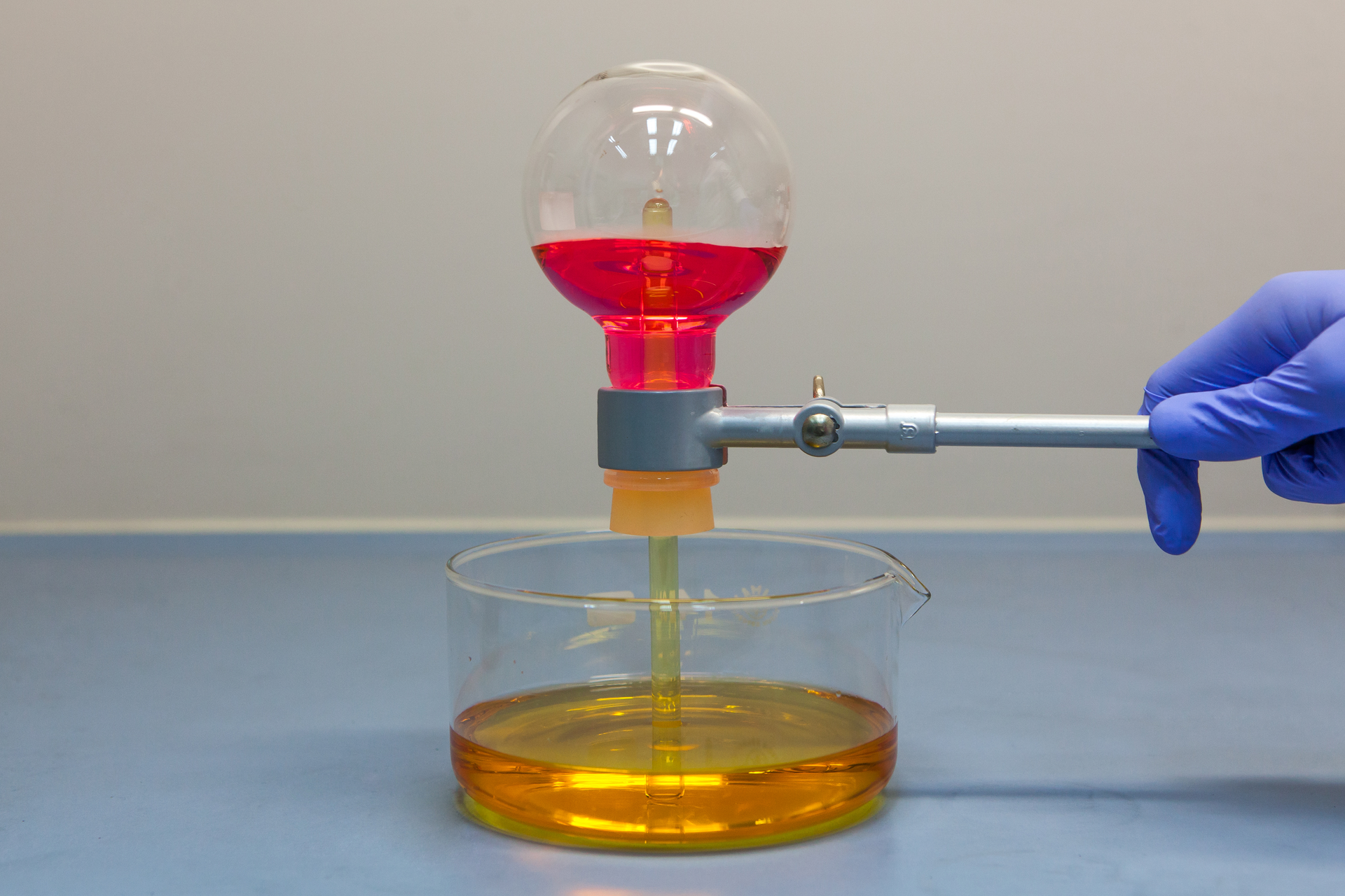 Zdjęcie przedstawia kolbę okrągłodenną trzymaną za pomocą uchwytu do góry dnem nad zlewką. W kolbie jest umieszczona cienka szklana rurka. Rurka wystaje z wlotu kolby i jest włożona do pomarańczowego roztworu znajdującego się w zlewce. W kolbie jest roztwór koloru malinowego. 