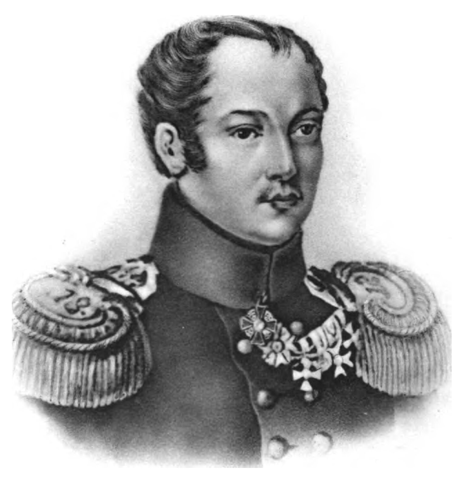 Ilustracja przedstawia mężczyznę w średnim wieku. Ma okrągłą twarz, wyraziste oczy, wąskie brwi, prosty nos i małe usta, krótkie włosy z dużymi zakolami i bokobrody do wysokości uszu. Ubrany jest w kurtkę munduru z wysoką stójką, podwójnym rzędem wypukłych guzików, naramiennikami z frędzlami, na których wyszyta jest liczba 19. Na lewej piersi ma kilka orderów.