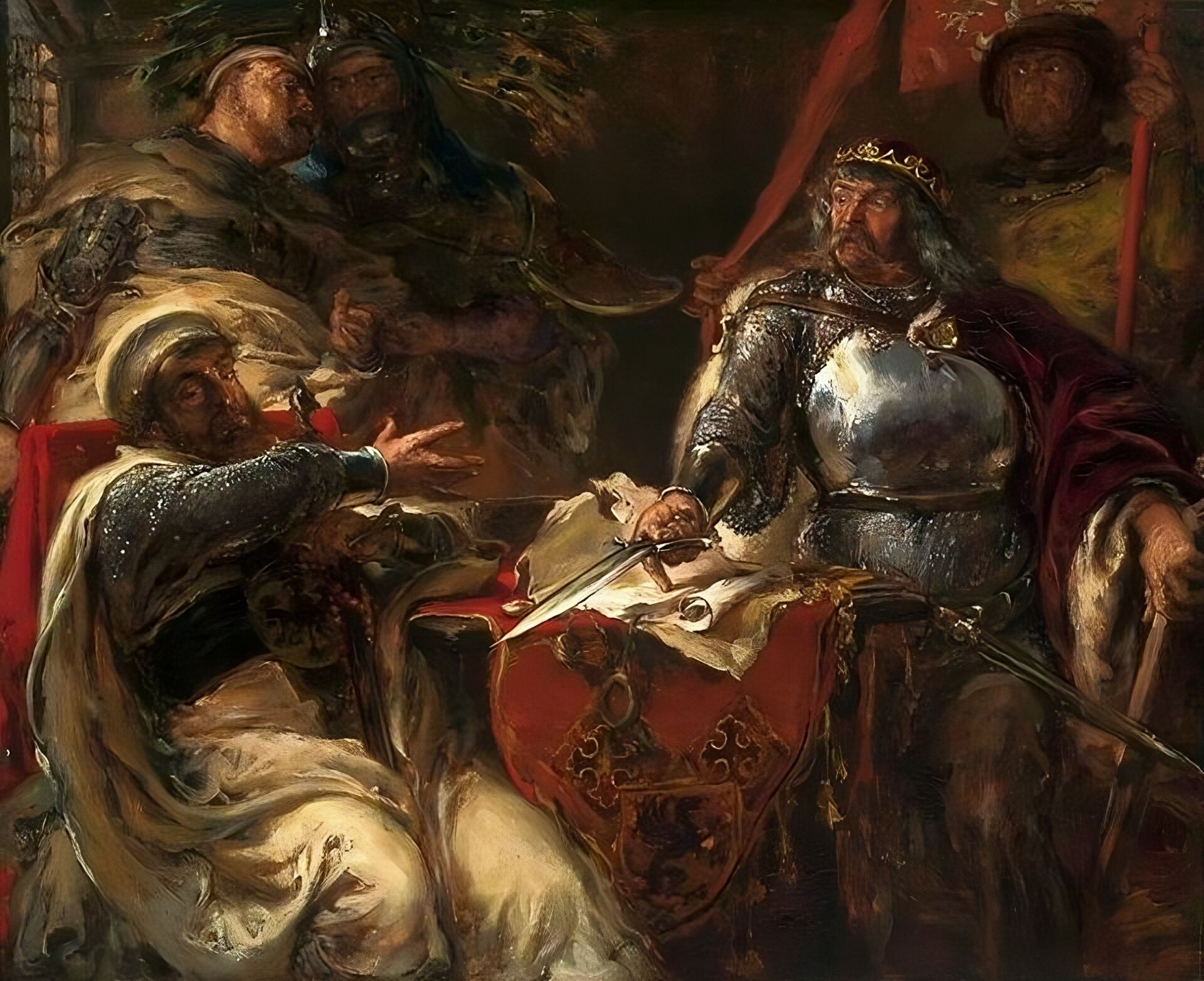 Obraz przedstawia epizod ze stosunków polsko‑krzyżackich odbywający się podczas rokowań w Brześciu Kujawskim. We wnętrzu izby spotkały się ze sobą delegacje: krzyżacka po lewej stronie i polska po prawej stronie. Wielki mistrz lub komtur siedzi w kolczudze i narzuconym na nią płaszczu. Mocno gestykuluje. Jego zachowanie komentują stojący za nim członkowie krzyżackiego poselstwa, w tym jeden w szyszaku z pióropuszem z pawich piór. Po prawej stronie stoi ze wzburzoną twarzą Władysław Łokietek. Nosi książęcą mitrę na głowie, zbroję i narzucony na nią płaszcz. W prawej dłoni wyciągniętej w stronę Krzyżaka trzyma obnażony miecz. Lewą ręką przytrzymuje tarczę. Za nim stoi polski rycerz z proporcem z godłem piastowskim. Pośrodku stoi niewielki stół nakryty chorągwią zakonu krzyżackiego. Na nim leżą dokumenty z pieczęciami, które przyniósł Łokietek. Król trzyma w prawej dłoni krótki miecz, a palec wskazujący kładzie na dokument. 