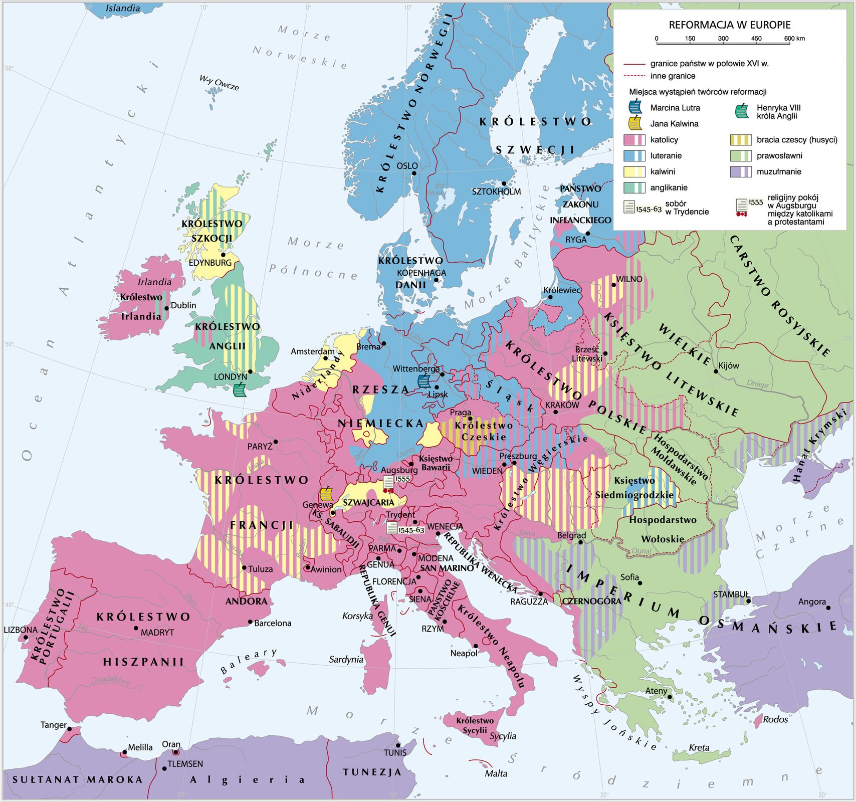 Grafika mapy przedstawiającej Reformacja w Europie.