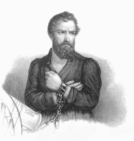 Obraz przedstawia portret młodego mężczyzny z kręconymi, ciemnymi włosami i taką samą kędzierzawą, długą brodą oraz wąsami.. Mężczyzna stoi z rękami skrzyżowanymi na piersiach, na nadgarstkach ma kajdany połączone łańcuchem. Koszula rozpięta. Przed nim fragment armaty. 