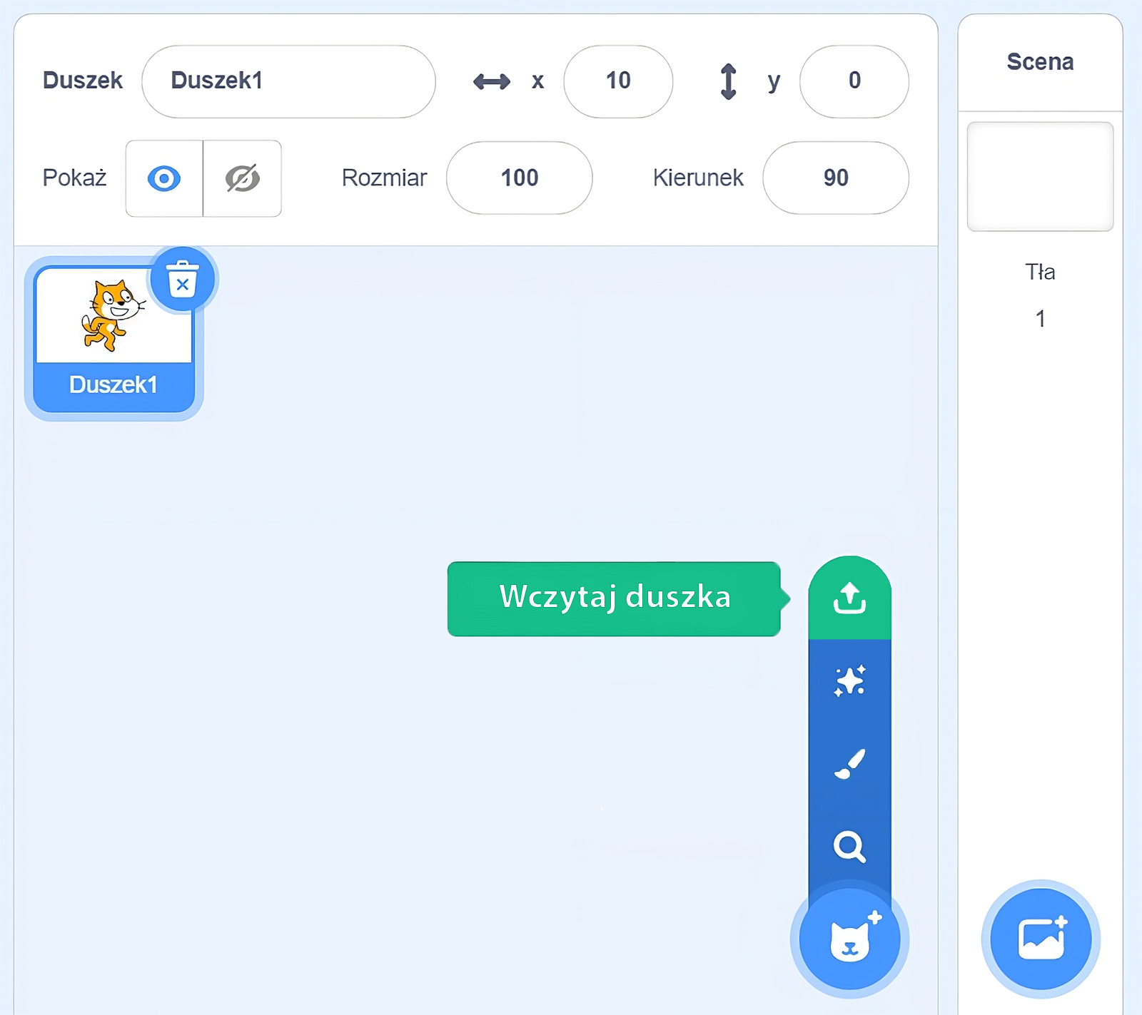 Na zdjęciu widać okna aplikacji gry w którym przedstawiono sposób wczytywania duszka.W górnej części ekranu znajduje się pasek narzędzi. W górnej części paska znajduje się pole z etykietą duszek oraz podpisem: Duszek jeden, symbolem osi iks: z liczbą zero oraz symbolem osi igrek z liczbą zero. Niżej znajduje się etykieta pokaż z przyciskami oka oraz przekreślonego oka. Ikona z okiem jest zaznaczona na niebiesko. Obok znajdują się pola rozmiar oraz kierunek z przypisanymi liczbami sto oraz dziewięćdziesiąt.Niżej w lewym górnym rogu znajduje się zdjęcie bohatera. Na zdjęciu jest lisek. Po prawej stronie zdjęcia jest symbol kosza. Niżej znajduje się podpis Duszek jeden. Po prawej stronie znajduje się menu. Kolejne symbole przycisków od góry: strzałka wychodząca z prostej, duża gwiazdka pomiędzy czterema mniejszymi gwiazdkami, pędzel, lupa, głowa kota. Przycisk ze strzałką jest podświetlony. Obok niego znajduje się napis: wczytaj duszę.Po prawej stronie znajduje się belka z napisem scena oraz tło. Na dole jest przycisk z symbolem zdjęcia.