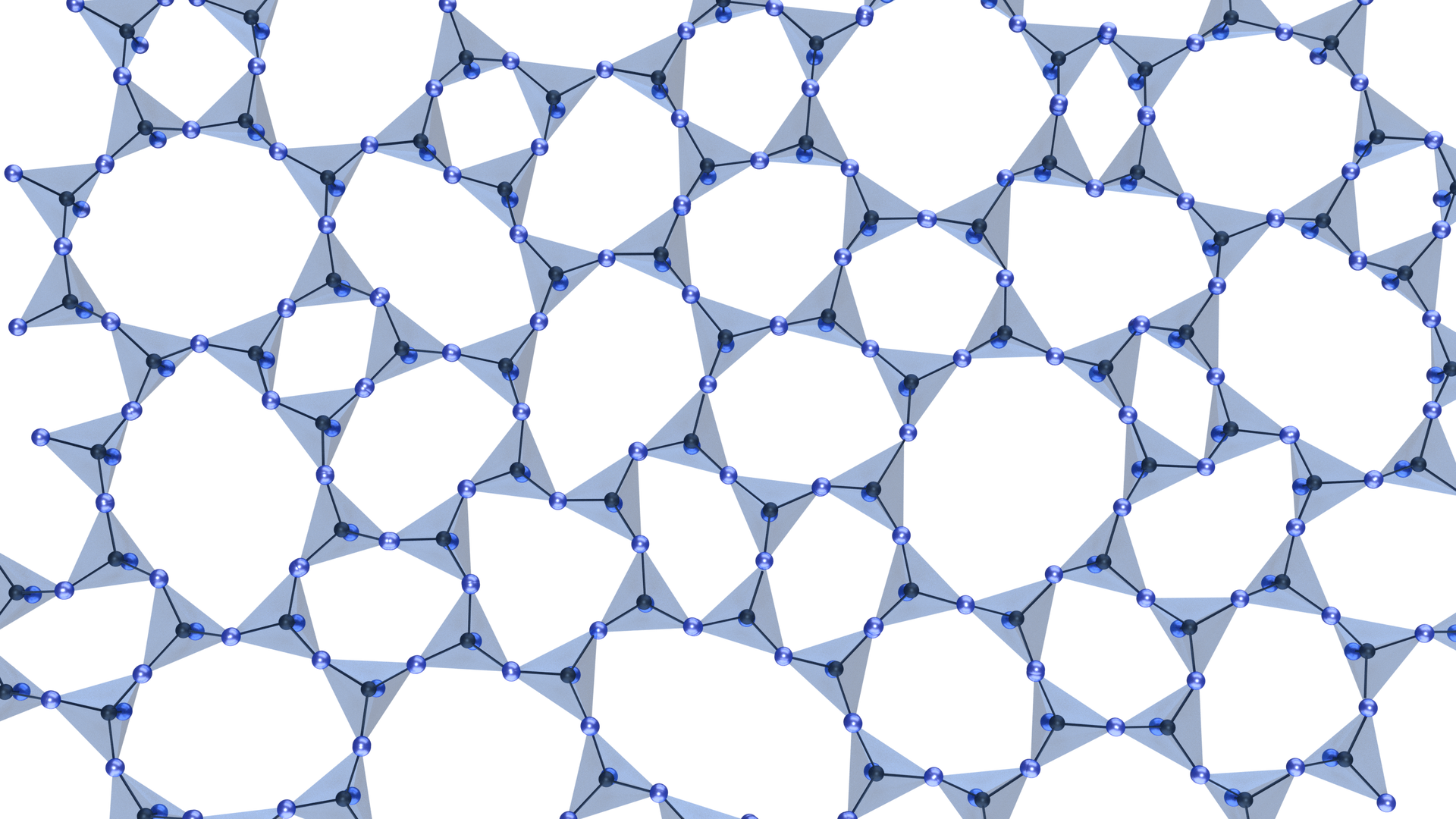 Ilustracja przedstawia schemat budowy szkła według Zachariasen, Warren i Biscoe. Tworzą je ponownie tetraedryczne komórki elementarne łączące się w większe struktury. Tetraedryczne, czy też czworościenne podstawowe elementy zbudowane są z atomu krzemu połączonego z czterema atomami tlenu. Łączą się one za pośrednictwem atomów tlenu symbolizowanych przez niebieskie kulki, dzięki czemu struktura posiada pory o różnej geometrii sześciokątnej, czworokątnej, pięciokątnej, ośmiokątnej.
