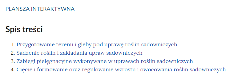 Spis treści do plansz interaktywnych. Na samej górze znajduje się napis: Plansza interaktywna, pod nim zaś napis: Spis treści. Następnie w czterech punktach wymienione są tytuły poszczególnych planszy.