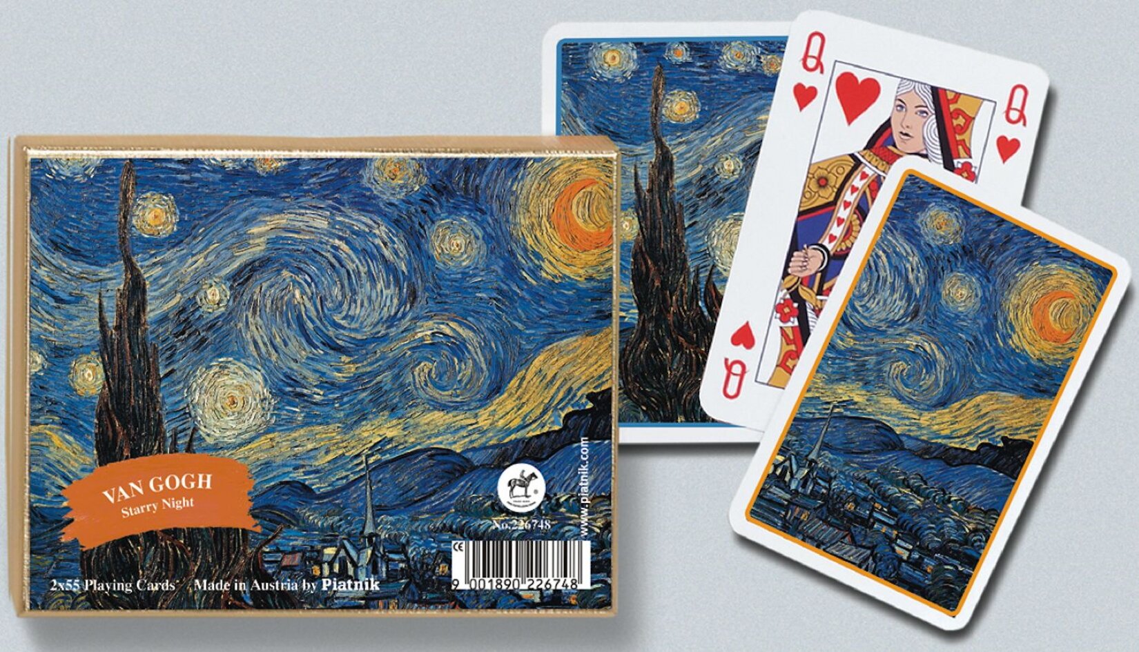 Grafika przedstawia pudełko w którym znajdują się karty do gry. Zarówno na pudełku jak i na kartach pojawiają się malowidła słynnego malarza Vincenta van Gogha. Przeważają kolory ciemno niebieski oraz żółty, które z charakterystycznych pociągnięć pędzla tworzą kształty budynków, a te z kolei po połączeniu tworzą miasteczko.