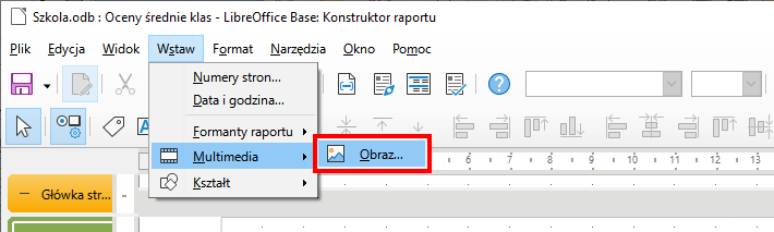 Zrzut ekranu przedstawia fragment paska menu w programie  LibreOffice Base . Zaznaczono zakładkę: Wstaw, poniżej rozwinięta jest lista z zaznaczoną pozycją: Multimedia, a w czerwonej ramce znajduje się ikonka Obraz wraz z podpisem. 