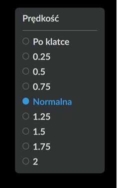 Grafika przedstawia element w oknie wyświetlanego filmu, odpowiedzialny za zmianę prędkości odtwarzanego filmu. Dostępne opcje to: Po klatce, 0.25, 0.5, 0.75, Normalna, 1.25, 1.5, 1.75, 2.