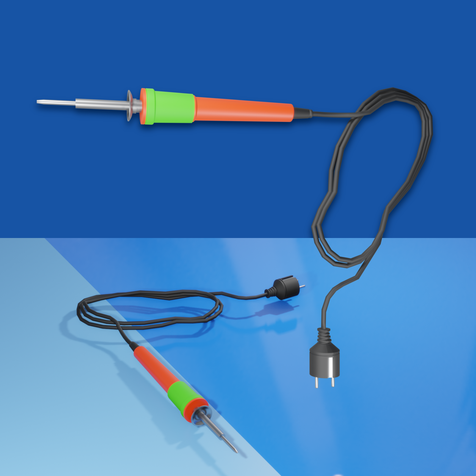 Grafika przedstawia lutownicę. Jest to podłużne narzędzie składające się z dwóch części - uchwytu i grotu. Do uchwytu przymocowany jest kabel z wtyczką.