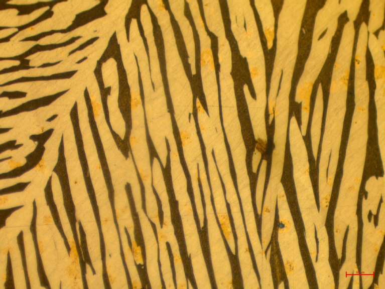 Mikrostruktura mosiądzu CuZn40
Jasne ziarna miedzi na tle ciemnej osnowy cynkowej - powiększenie 50x