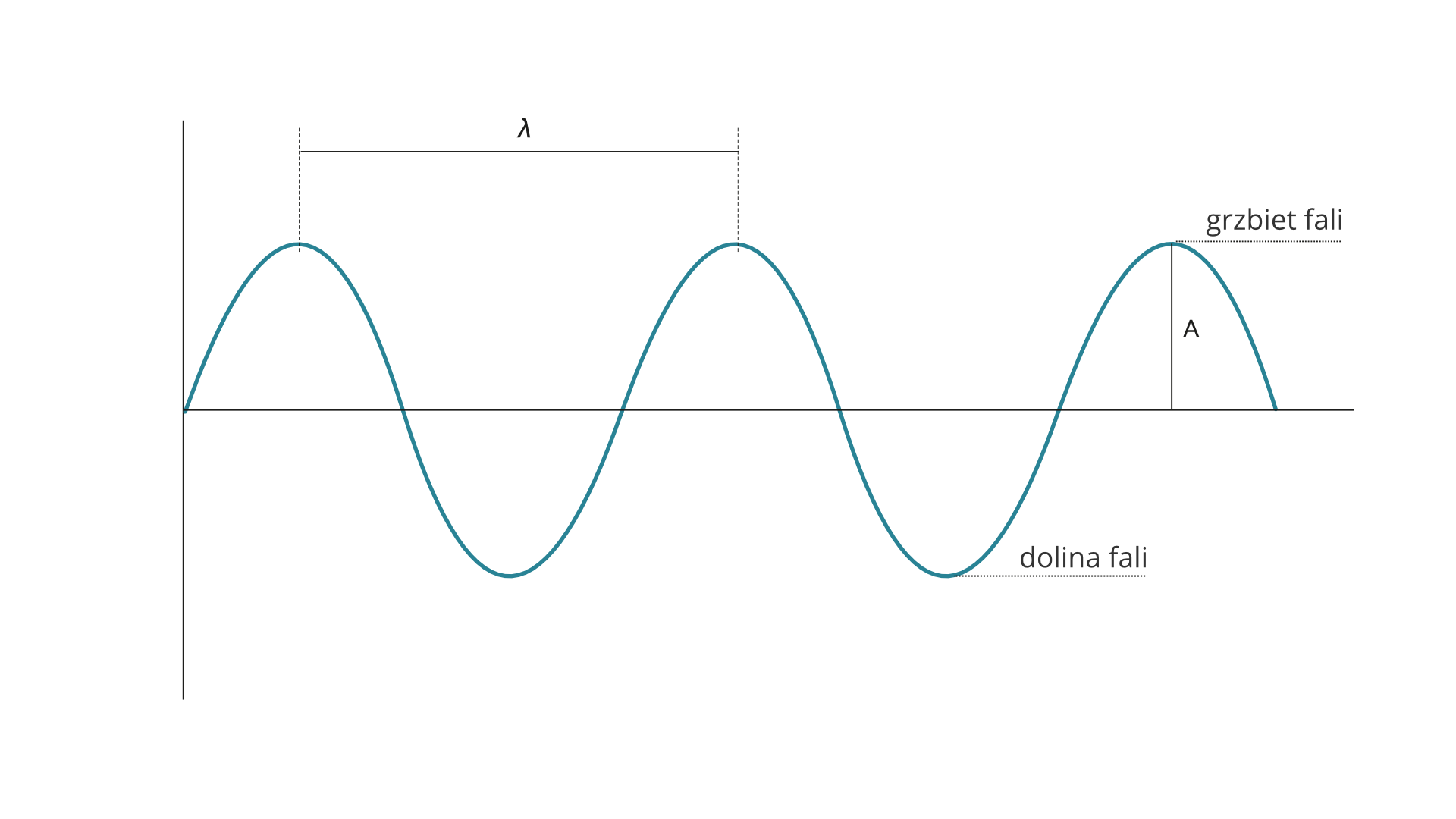 Ilustracja przedstawia falę zatrzymaną. Na białym tle dwuwymiarowy układ współrzędnych bez grotów i podpisów. W polu wykresu regularna linia falista. Linia posiada dwa równe wierzchołki i dwie takie same dolinki. Między dwoma wierzchołkami odcinek poziomy z podpisem: mała litera lambda. Zaznaczony jest grzbiet, dolina, amplituda z podpisem: duża litera A.