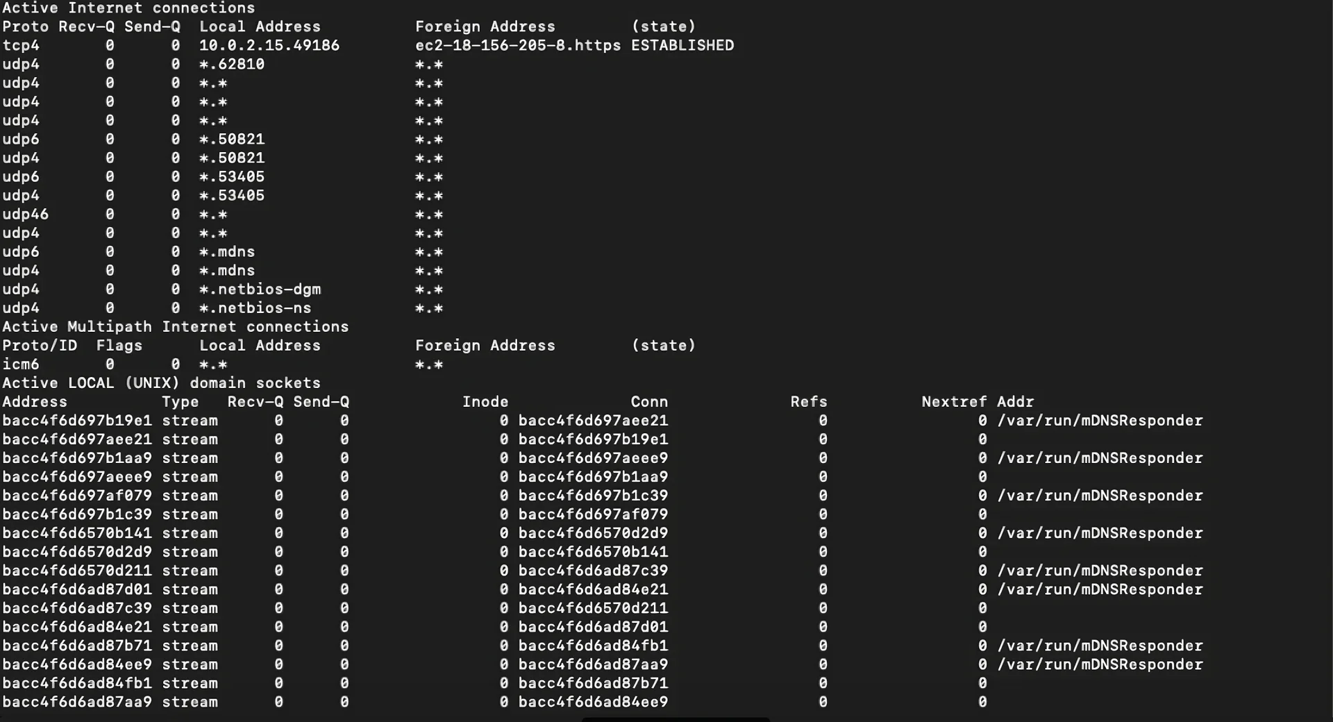 Ilustracja przedstawia fragment terminala systemu MacOS. Na samej górze znajduje się napis Active Internet Connections. Poniżej znajdują się wypisane połączenia, które zawierają informacje w sześciu kolumnach: Proto, Recv‑Q, Send‑Q, Local Address, Foreign Address, State.