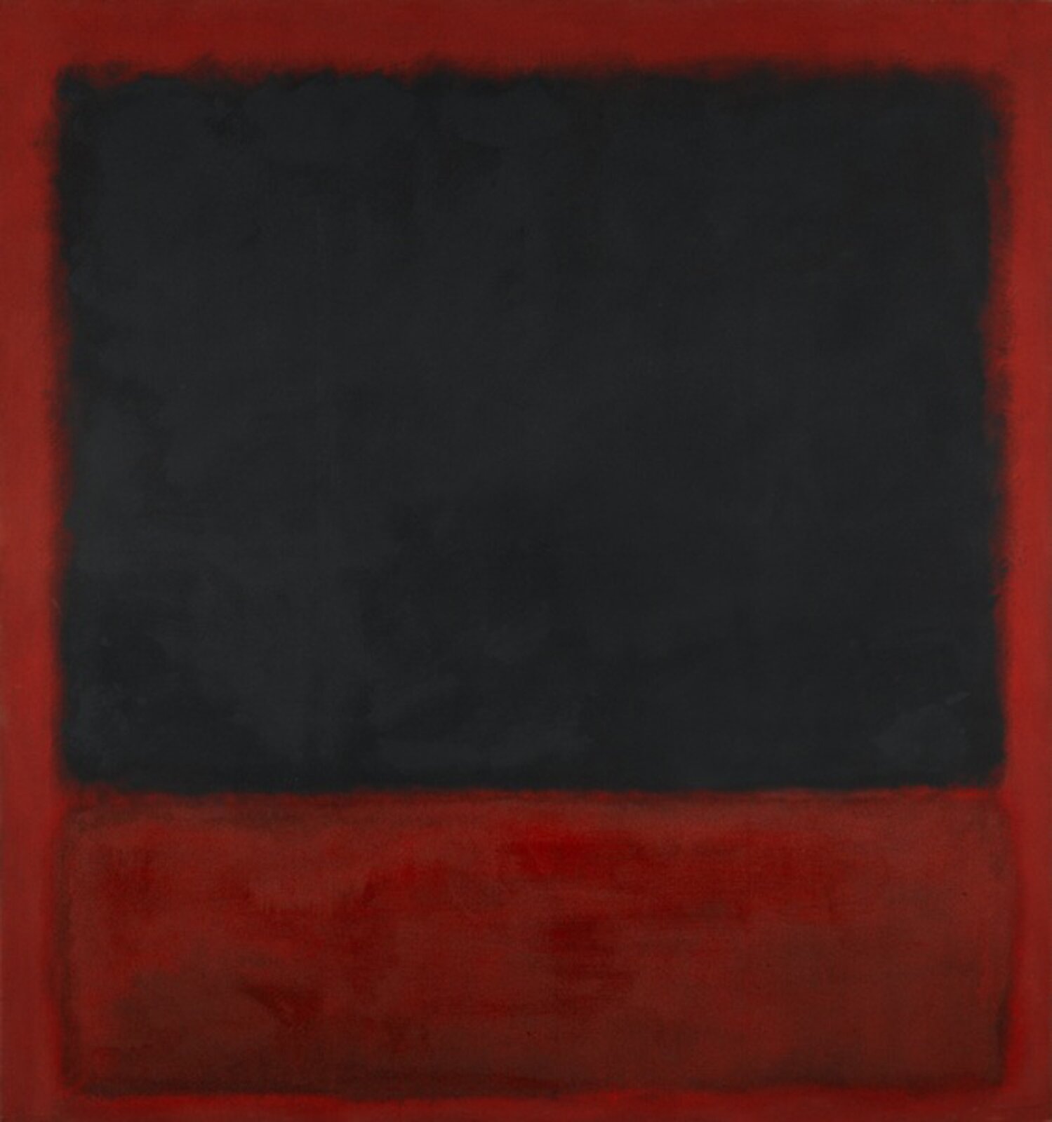 Ilustracja prezentuje abstrakcyjne dzieło. Na czerwonym tle umieszczone zostały dwa prostokąty – jeden czarny oraz drugi ciemno‑czerwony. Czarny prostokąt umieszczony został u góry dzieła i zajmuje około trzy czwarte długości dzieła; pod spodem znajduje się ciemno‑czerwony prostokąt o długości około jednej czwartej całości dzieła.