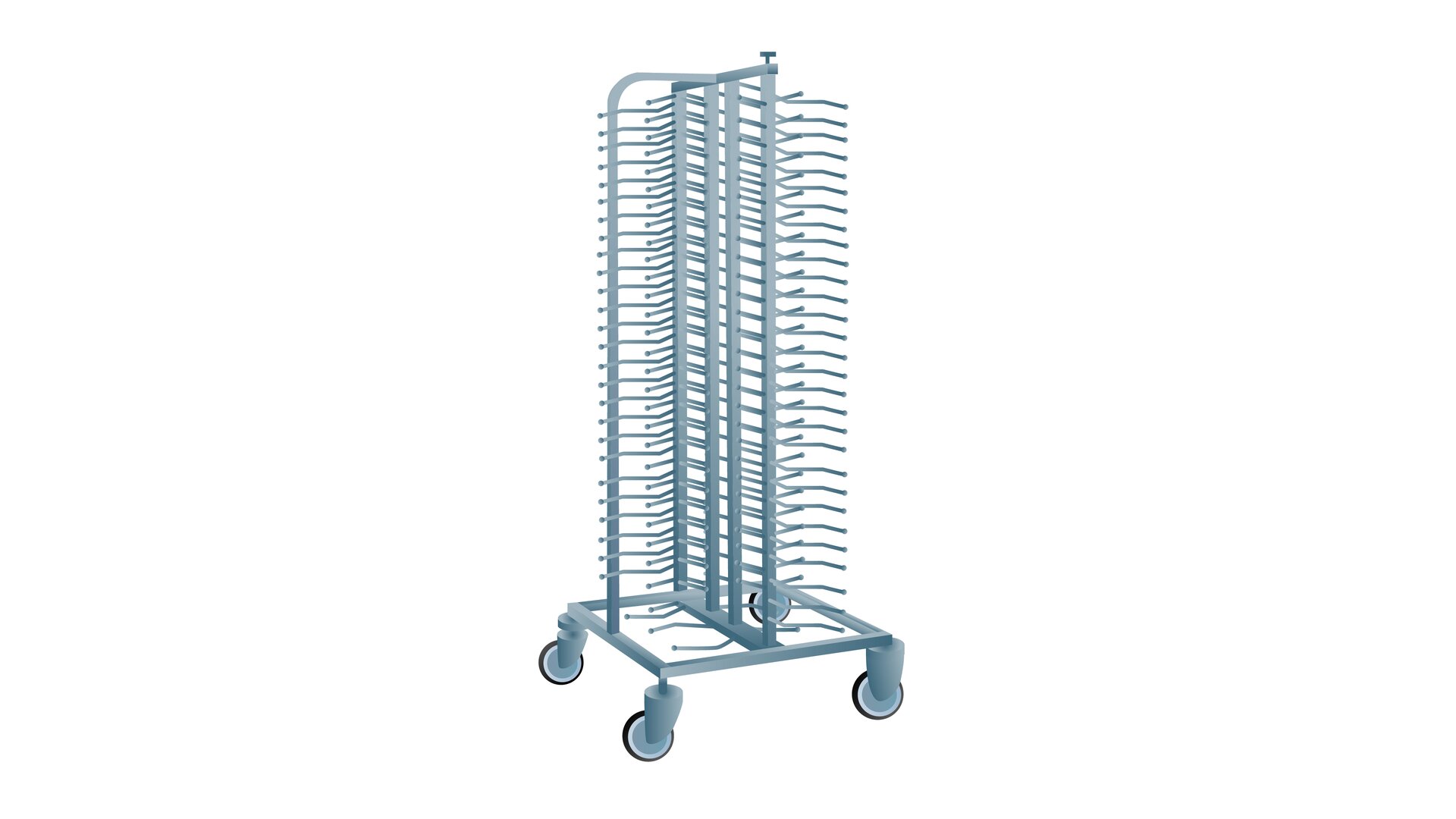 Grafika przedstawia poglądowo wózek jodełkowy. W centralnej części metalowy stojak na kółkach. Wysoki i o kwadratowej podstawie, składający się z pięter. Każde z nich przymocowane jest do metalowych boków składa się z wystających metalowych prętów.