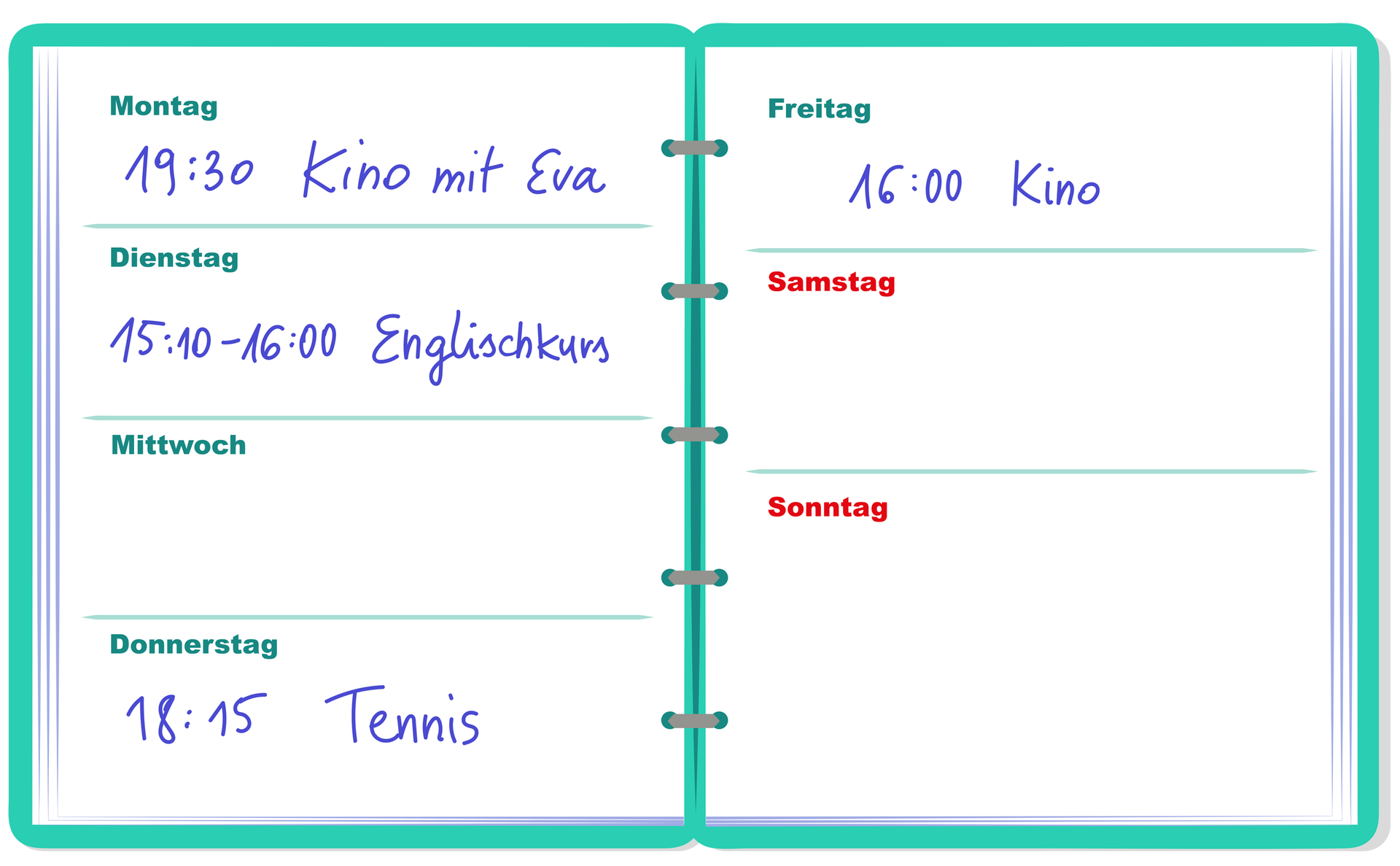 Ilustracja przedstawia otwarty kalendarz książkowy z dniami tygodnia. Przy Montag znajduje się notatka 19:30 Kino mit Eva. 
Przy Dienstag znajduje się notatka 15:10-16:00 Englischkurs. Przy Mittwoch nie ma żadnych notatek.
Przy Donnerstag znajduje się notatka 18:15 Tennis. Przy Freitag znajduje się notatka 16:00 Kino. Przy dniach Samstag i Sonntag nie ma żadnych notatek.