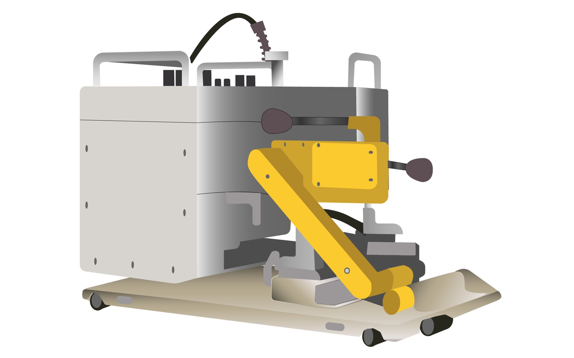 Fotografia przedstawia zgrzewarkę. Podstawę maszyny stanowi stalowy blat na którym zamontowana jest metalowa skrzynka w środku której znajduje się mechanizm urządzenia. Od górnej jej części wychodzi przewód zasilający obok którego znajdują się pokrętła do regulacji pracy zgrzewarki. Po prawej stronie maszyny znajduje się pomalowane na żółto ruchome ramię robocze do wykonywania zgrzewów. 