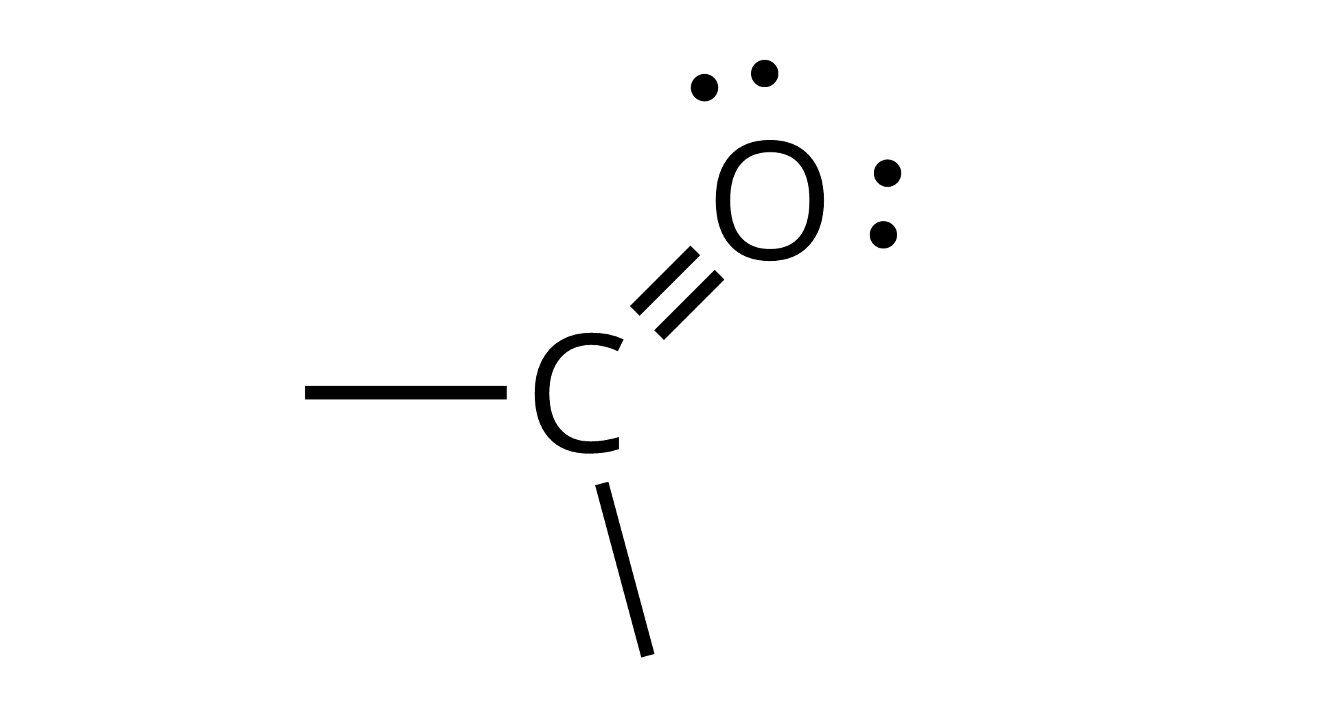 Na ilustracji przedstawiono wzór strukturalny grupy karbonylowej. Atom węgla tworzy wiązanie podwójne z atomem tlenu oraz dwa wiązania pojedyncze. Atom tlenu posiadają dwie wolne pary elektronowe w postaci dwóch par kropek.