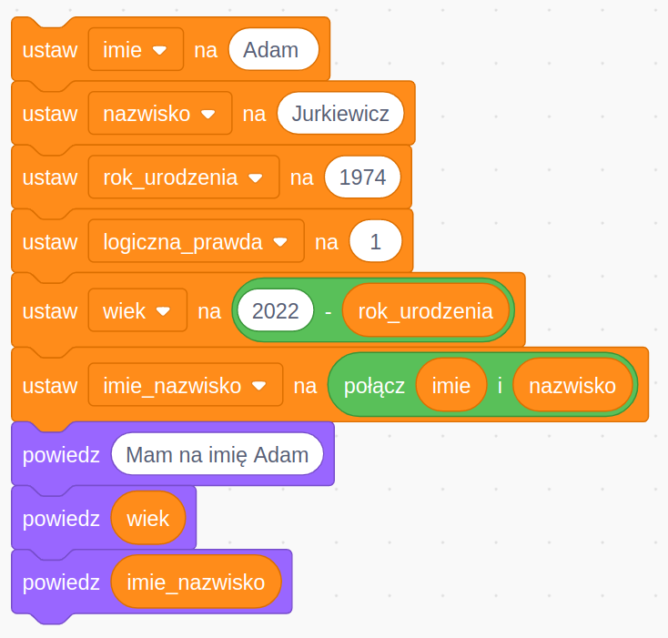 Na obrazie widoczny jest zestaw graficznych bloków programistycznych, typowy dla środowisk programowania wizualnego, takich jak Scratch. Bloki są pomarańczowe, zielone i fioletowe i połączone w logiczny sposób, aby utworzyć program.