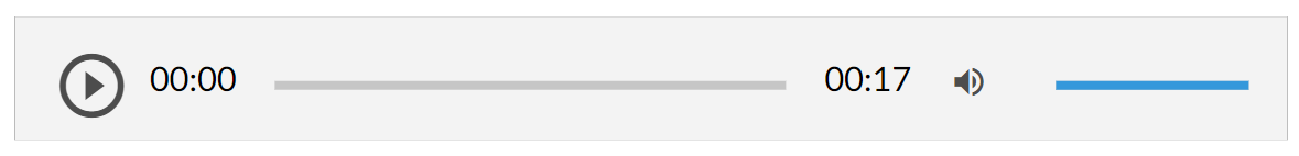 Widok odtwarzacza audio. Z lewej strony znajduje się ikona trójkąta wpisanego w koło. - Służy do włączenia nagrania. Obok znajduje się informacja o czasie odtworzonego fragmentu - zero minut i zero sekund. Obok jest pasek, dzięki któremu można zaznaczyć konkretny moment nagrania do otworzenia. Po prawej stronie paska znajduje się informacja o całkowitej długości nagrania - dwie minuty i sześć sekund. W prawej części odtwarzacza znajduje się ikona głośnika służąca do wyłączenia/włączenia dźwięku oraz pasek, na którym można ustawić odpowiedni poziom głośności.