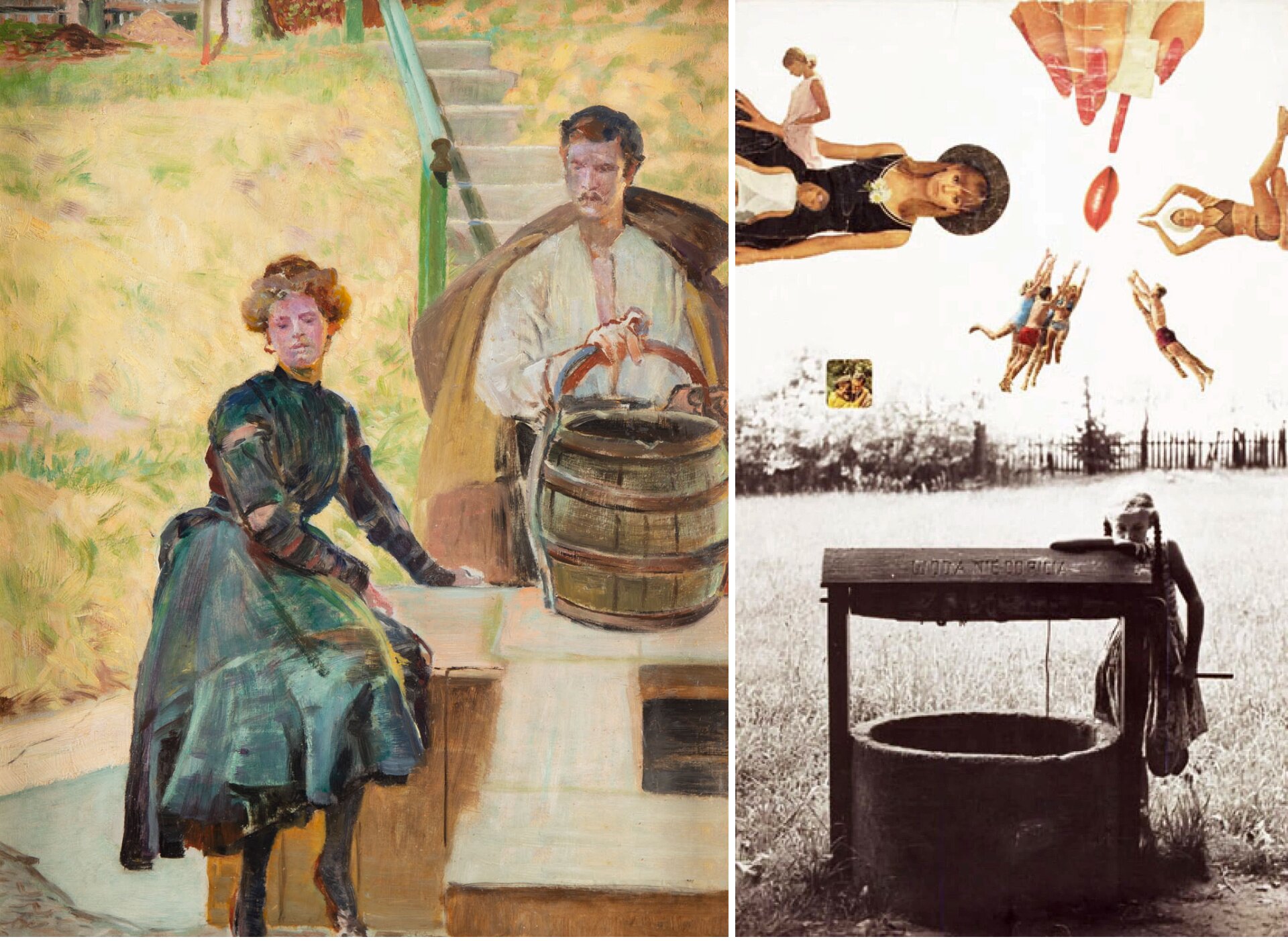 Ilustracja do ćwiczenia nr 5 przedstawia dwie prace. Jedna ukazuje młodą rudowłosą dziewczynę ubraną w zieloną suknię siedzącą nieopodal studni, z której jej ojciec wyciąga wiadro. Druga praca to dziewczynka stojąca przy studni i wyciągająca z niej wiadro. Tuż nad nią znajdują się ubrani w ubrania plażowe ludzie, ułożeni na fotografii z różnych stron. 