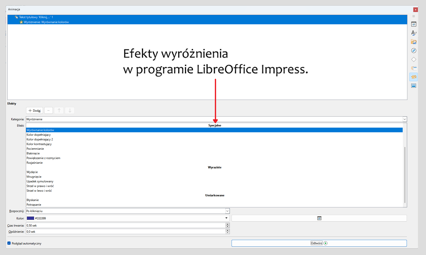 Zrzutów ekranu z efektami wyróżnienia w programie LibreOffice Impress. Obok treść: "Efekty wyróżnienia w programie LibreOffice Impress".