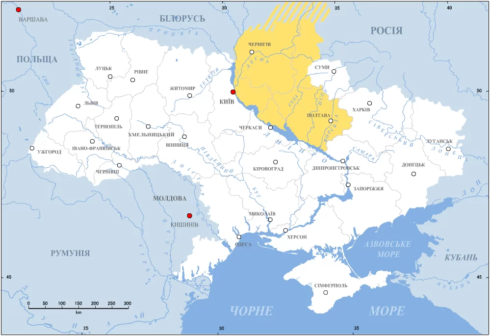 Kliknij, aby powiększyć Ilustracja pokazuje mapę Ukrainy. Nazwy są zapisane w języku ukraińskim, cyrylicą. Zaznaczony jest Kijów i teren po prawej stronie od rzeki Dniepr, aż do miasta Połtawa.