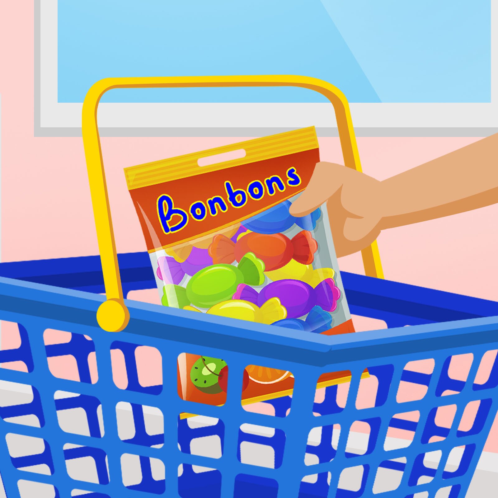 Ilustracja przedstawia osobę wkładającą cukierki do koszyka zakupowego 