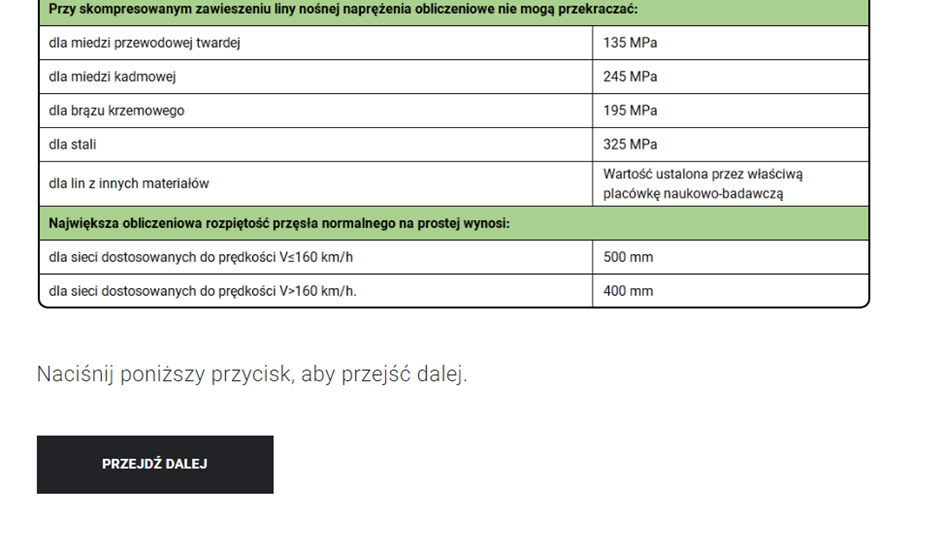 Ekran przedstawiający dane techniczne w grze oraz przycisk "Przejdź dalej"
