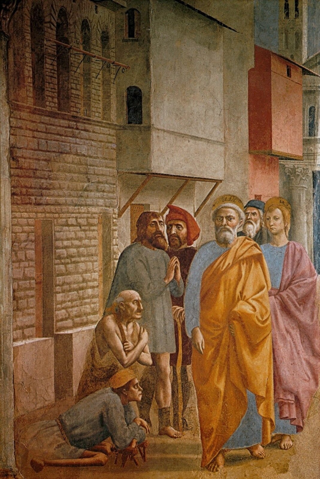 Ilustracja przedstawia obraz Masaccia „Uzdrawianie cieniem”. Na obrazie znajduje się święty Piotr uzdrawiający chorych swoim cieniem. Ubrany jest w błękitno-pomarańczowe szaty. Ma siwe włosy oraz brodę i wąsy. Dookoła mężczyzny znajdują się chorzy proszący o uzdrowienie. Za postaciami znajdują się mury budynków.
