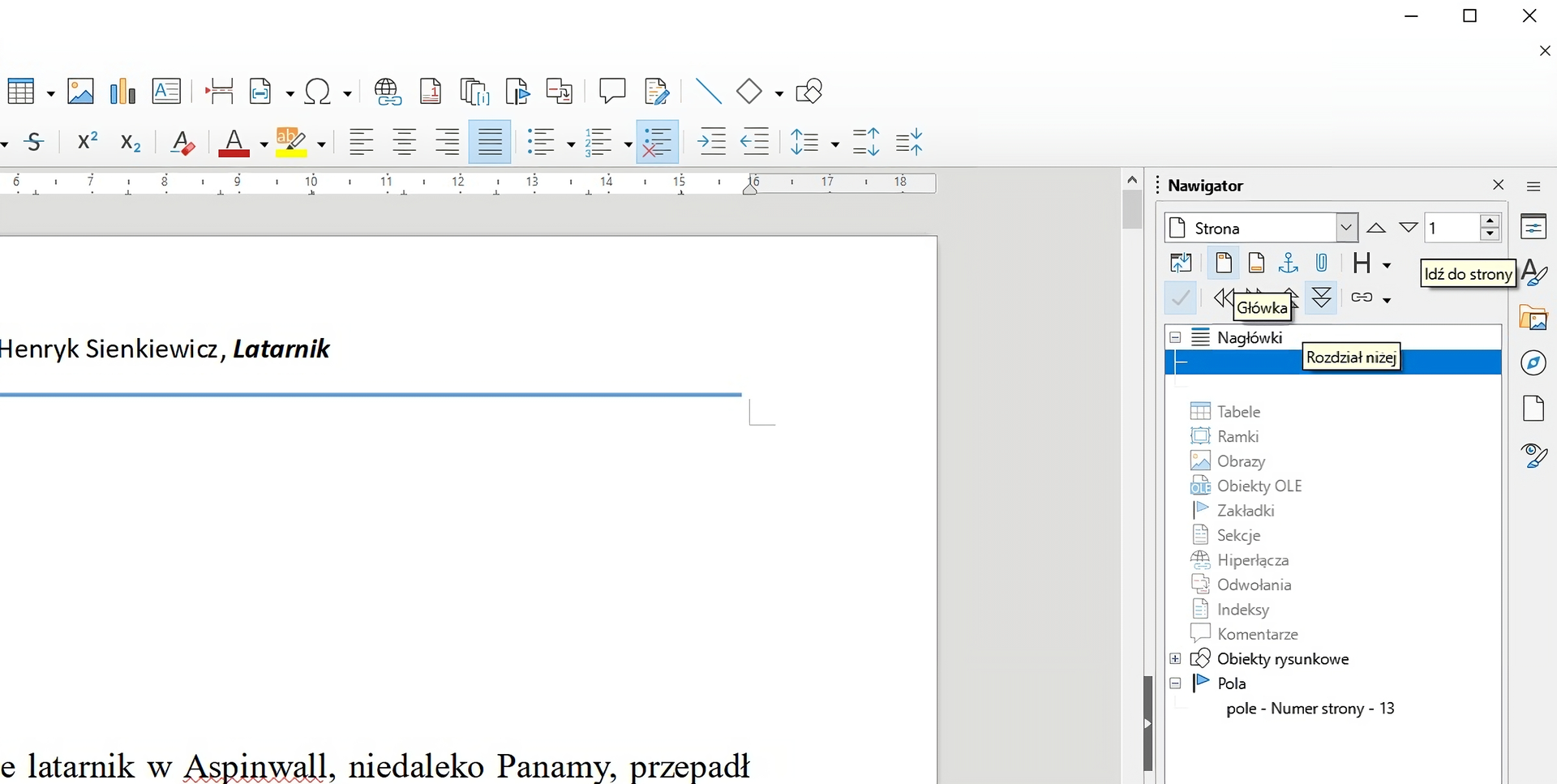 Zrzut okna programu LibreOffice Writer z otwartymi narzędziami nawigacji. Pasek "Nawigator" znajduje się po prawej stronie programu, należy go rozwinąć. Podświetlone zostały narzędzia "Główka", "Rozdział niżej", "Idź do strony".