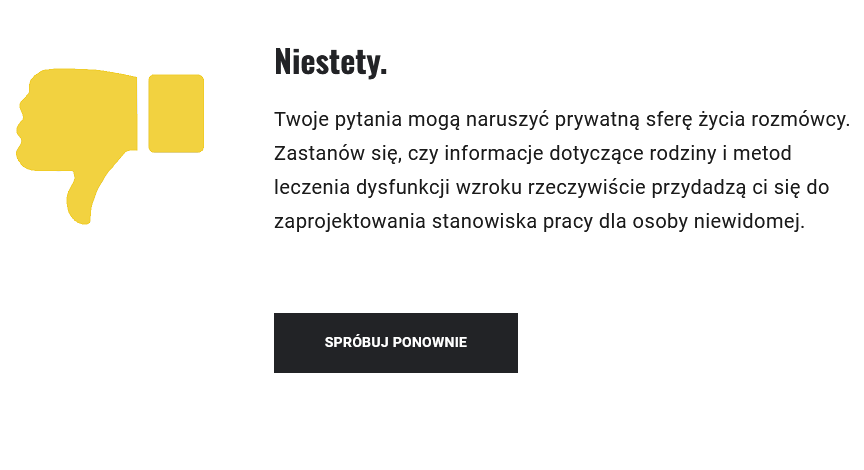 Informacja zwrotna dla ucznia, widoczna na ekranie, która brzmi: niestety nie. Przynajmniej jeden ze wskazanych przyrządów został przez ciebie wybrany błędnie. Po lewej stronie od informacji zwrotnej znajduje się piktogram przedstawiający dłoń ze skierowanym do dołu kciukiem.
