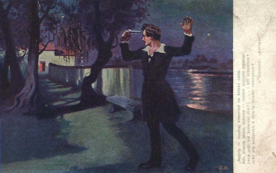 Obraz przedstawia młodego mężczyznę stojącego na ścieżce prowadzącej wzdłuż jeziora. Mężczyzna zwrócony jest lewym profilem do widza. Trzyma uniesioną lewą rękę. W prawej ręce trzyma pistolet. Przystawia go do swojego czoła. Mężczyzna ubrany jest w koszulę, długi surdut i spodnie. W tle znajduje się jezioro, w którym odbija się światło księżyca, są też drzewa, ławka, niewielki most i dom.