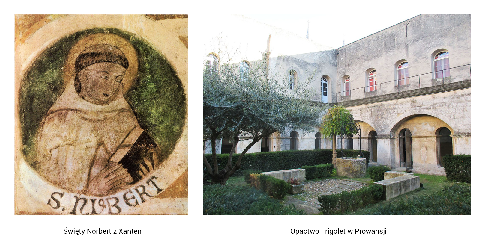Ilustracja jest kolażem dwóch obiektów. Przedstawia z lewej strony podobiznę św. Norberta z Xanten w habicie kanoników regularnych i w tonsurze, czyli wygolonym krążku włosów na głowie. W dłoniach trzyma Pismo Święte. Sylwetka świętego została przedstawiona w otoku, u dołu napis z imieniem świętego po łacinie. Podpis pod ilustracją: "święty Norbert z <span lang='de">Xanten. Z prawej zdjęcie wirydarza z XII wieku w klasztorze norbertanów w Prowansji. W centrum ogrodu kamienna studnia i fragmenty kamiennych stopni do siedzenia. Krzewy zasadzone i ucięte w regularne geometryczne kształty prostokątów, tworzące niewielkie parkany. Zasadzono także bujnie rosnące drzewo, widoczne bliżej lewej krawędzi fotografii. Wokół układ architektoniczny jednopiętrowego budynku z wewnętrznymi krużgankami na parterze. U dołu zdjęcia podpis: "Opactwo Frigolet w Prowansji".  