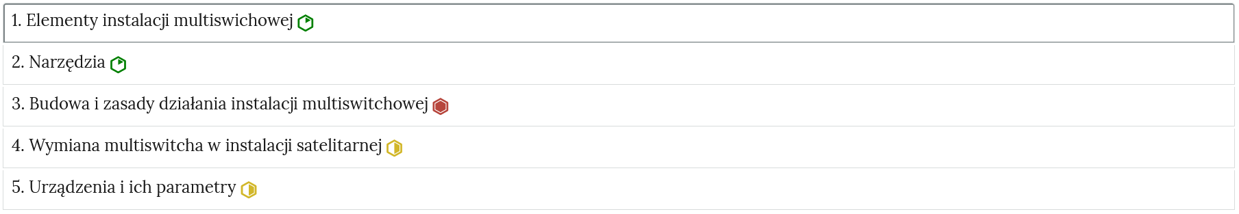 Ilustracja przedstawia przykładowy wygląd zakładek zawierających interaktywne materiały sprawdzające. Zakładki, ułożone w rzędzie jedna pod drugą, zostały opatrzone numerami oraz tytułami. Po prawej stronie od tytułów mieszczą się oznaczenia w postaci okręgów: zielonych, żółtych oraz czerwonych.