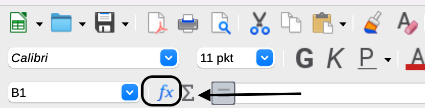 Ilustracja przedstawia fragment paska narzędzi programu LibreOffice Calc. Na dole paska strzałką wskazano: fx.  