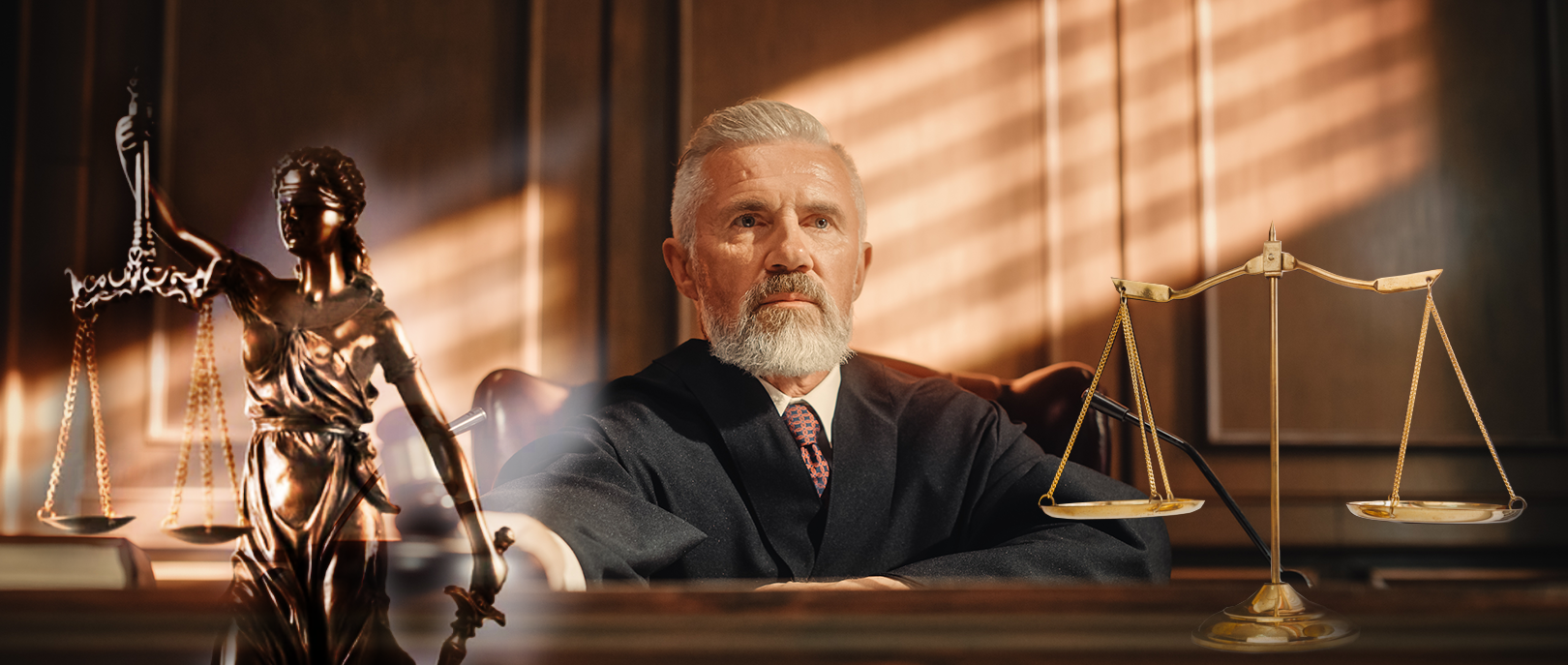 Ilustracja przedstawia w centralnej części postać mężczyzny z włosami oraz brodą w kolorze siwym. Ubrany jest w czarna togę, spod której widać białą koszulę i krawat. Sędzia trzyma  w ręku młotek. Po lewej stronie mężczyzny widać wagę a po prawej stronie posąg Temidy.