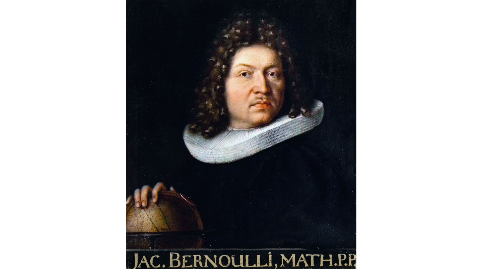 Na grafice ukazany jest Jakob Bernoulli. To mężczyzna z ciemnymi, kręconymi włosami. Na sobie ma czarny płaszcz i biały żabot.