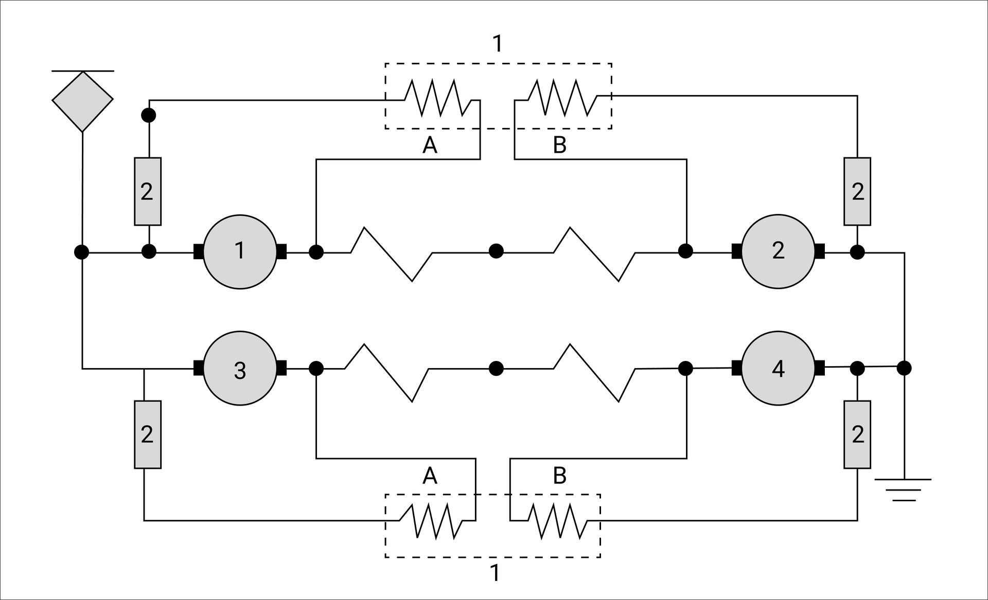 Ilustracja przedstawia schemat połączeń przekaźnika przeciwpoślizgowego w układzie różnicowym. Przekaźnik przeciwpoślizgowy znajduje się z lewej. Za nim jest węzeł, z którego wychodzą dwa przewody. Są one symetryczne ze sobą. Dzielą się na dwa kolejne przewody, gdzie na jednym z nich są połączone rezystor oraz część cewki przekaźnika oznaczona literą A, które są podłączone równolegle do okrągłego przekaźnika na drugim przewodzie. Dalej te przewody po połączeniu się ponownie przechodzą przez dwie cewki i rozdzielają się znów na dwa. Ponownie równolegle są tutaj połączone z okrągłym przekaźnikiem cewka i rezystor, cewka jest oznaczona literą B. Cewki A i B są umieszczone blisko siebie w dwóch parach. Po ponownym złączeniu przewodów łączą się one ze sobą w podobny sposób jak przy przekaźniku przeciwpoślizgowym, po czym doprowadzone są do uziemienia.