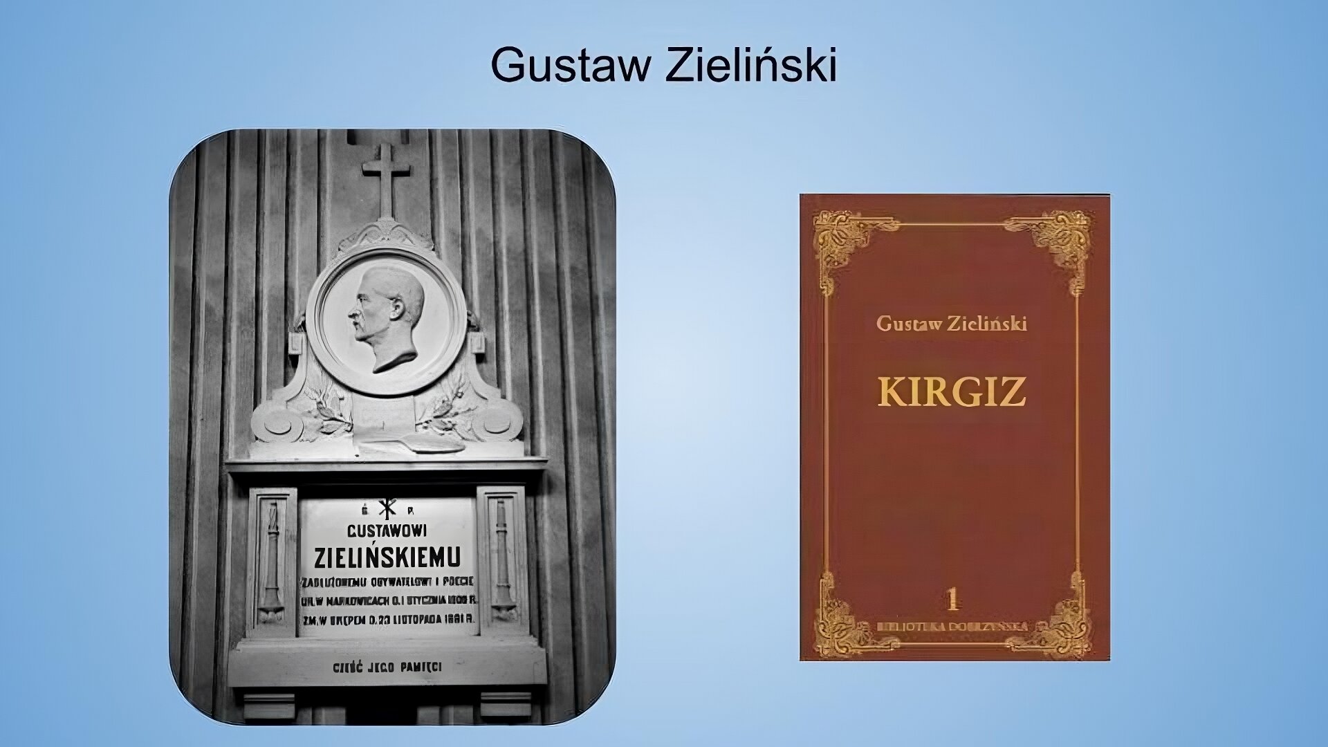 Jasnoniebieskie tło. Na górze napis: Gustaw Zieliński. Poniżej dwie fotografie z podpisami. Fotografia po lewej jest czarno‑biała. Przedstawia tablicę pamiątkową, w której centralnej części znajduje się napis śp. Gustawowi Zielińskiemu (dalsza część tekstu jest nieczytelna). Nad tablicą z napisem zjandują się zdobienia, które otaczają wizerunek mężczyzny zwróconego bokiem do widza. Wizerunek znajduje się w okrągłej ramie, która jest zwieńczona znakiem krzyża. Po obu stronach tablicy z napisem znajdują się pionowe kolumny, a pod nią pozioma podstawa w kształcie belki z napisem "cześć jego pamięci". Fotografia po prawej jest kolorowa. Przedstawia brązową okładkę książki ze złotymi zdobieniami na każdym boku oraz złotym napisem Gustaw Zieliński, Kirgiz, 1 (dalsza część napisu jest nieczytelna). 