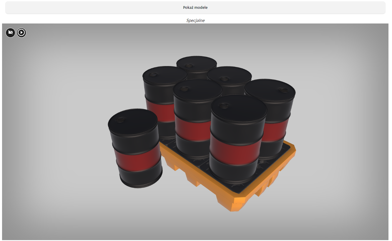 Ilustracja przedstawia przykład modelu jednostki ładunkowej. Jest to specjalna jednostka ładunkowa. Jest to płaska otwarta skrzynia wypełniona stojącymi beczkami.