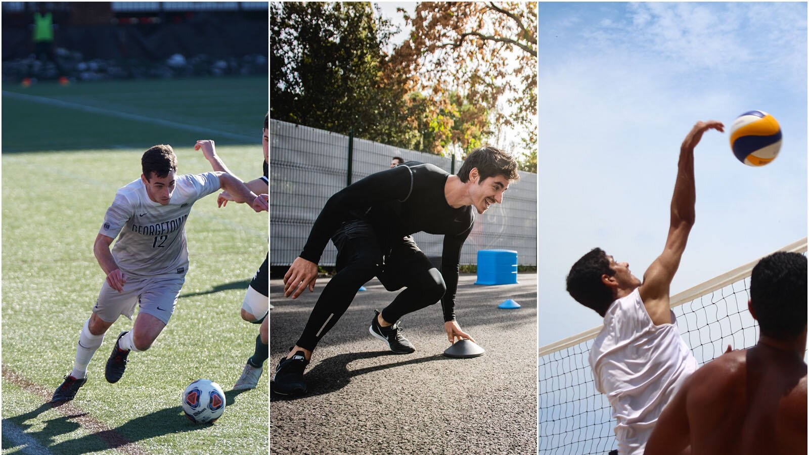 Ilustracja złożona jest z trzech zdęć. Na pierwszym widoczny jest piłkarz biegnący za piłką po murawie, na drugim widoczny jest sportowiec przygotowujący się w przysiadzie do startu. Na ostatnim zdjęciu widoczni są sportowcy grający w siatkówkę. 