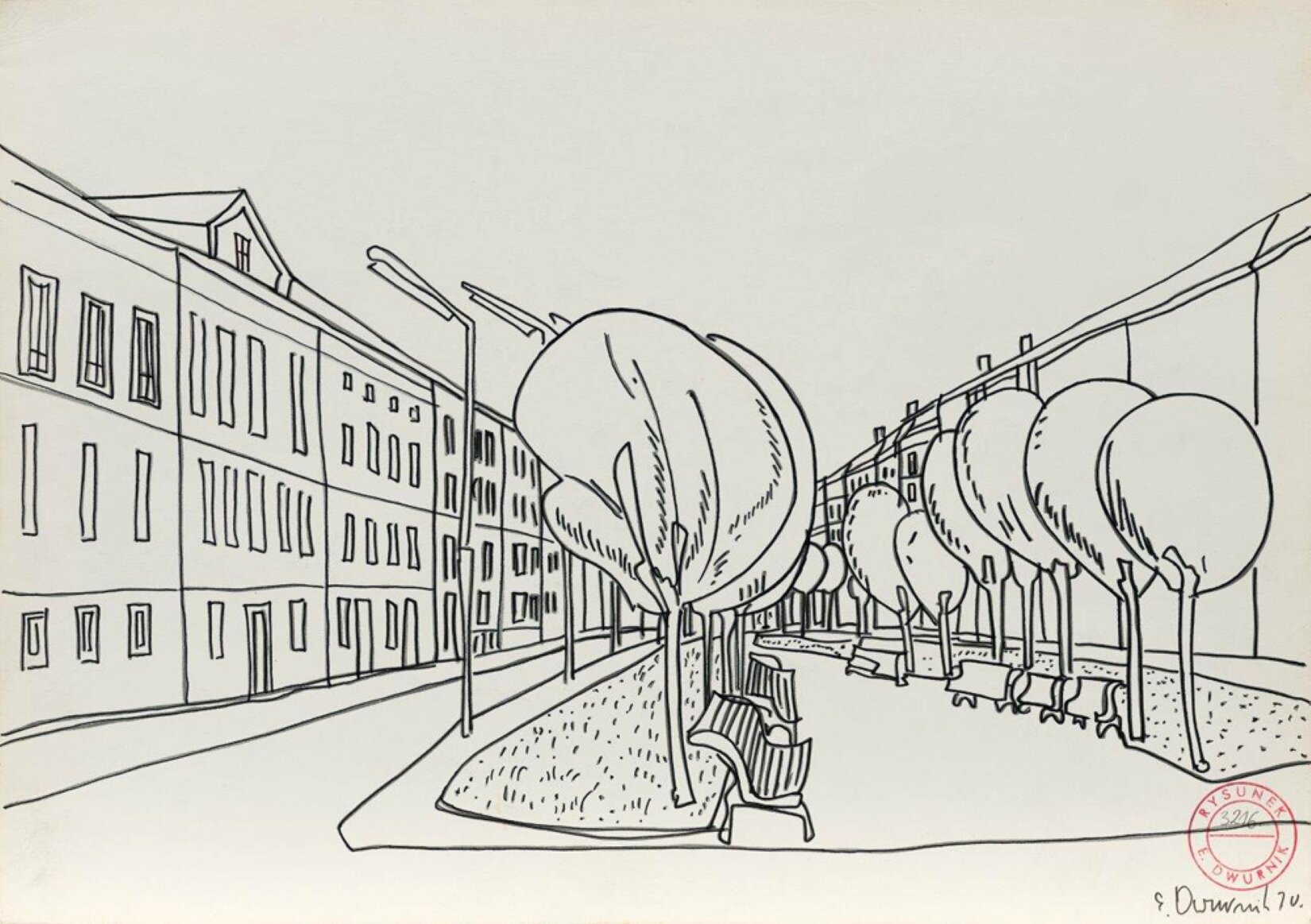 Praca Edwarda Dwurnika pod tytułem „Planty” z serii „Kraków”. Rysunek prezentuje widok na planty – miejskie tereny zielone. W centrum rysunku znajdują się dwie alejki drzew, pomiędzy którymi ustawione zostały ławki. Z lewej i prawej strony rysunku widoczne są kamienice oraz ulice. 