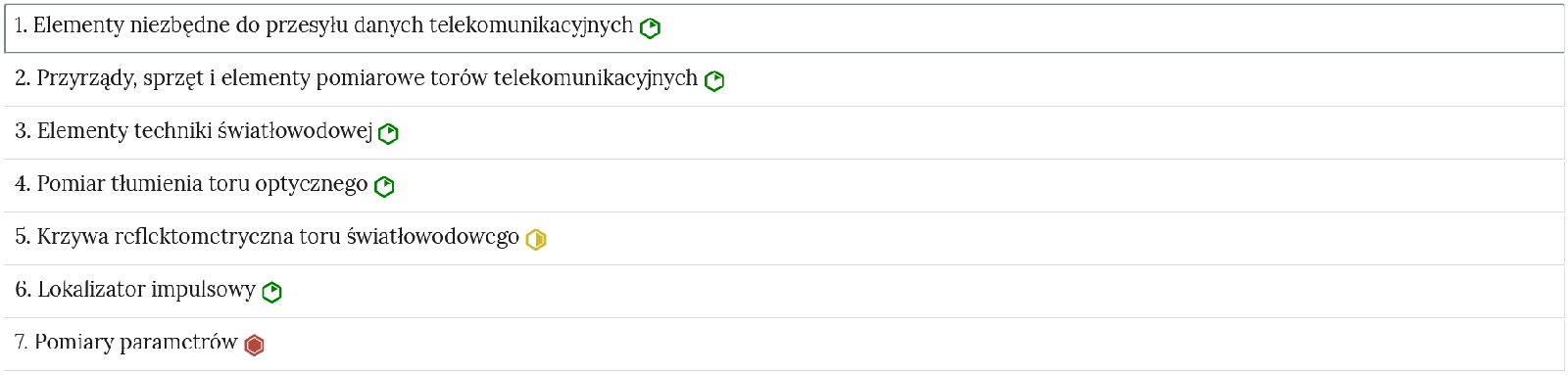 Przykładowy wygląd zakładek zawierających interaktywne materiały sprawdzające. Spis ćwiczeń składa się z prostokątnych belek umiejscowionych jedna pod drugą. Belki zawierają numer ćwiczenia, jego tytuł oraz oznaczenie o poziomie trudności.