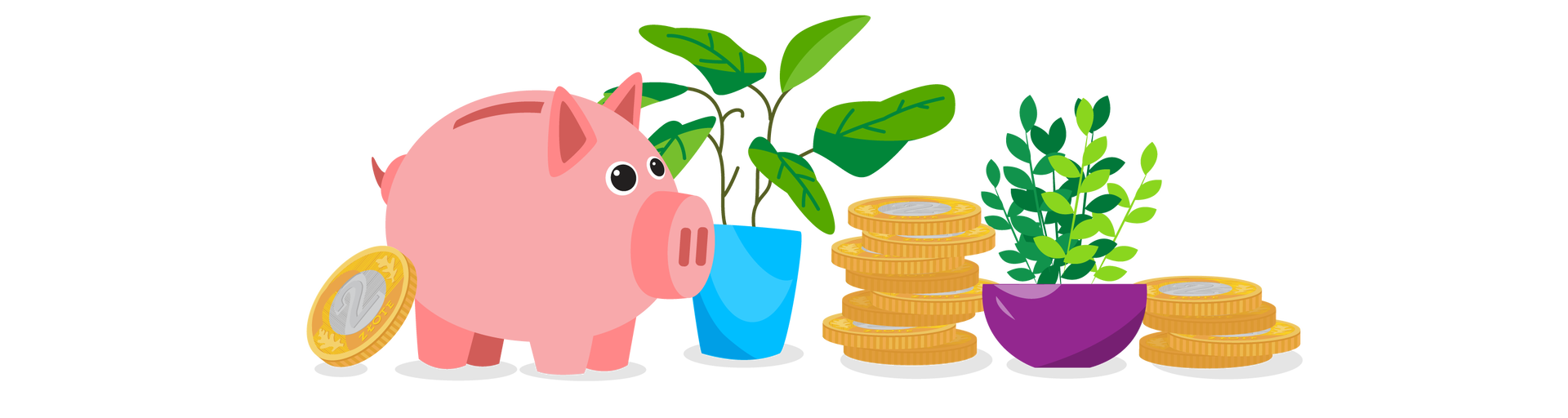 Ilustracja przedstawia kilka przedmiotów ustawionych obok siebie. Po lewej stronie znajduje się różowa świnka skarbonka z opartą o nią z lewej strony monetą o nominale dwa złote. Dalej na prawo znajduje się zielona roślina w niebieskiej donicy. Obok niej jest stos składający się z ośmiu monet dwuzłotowych, zielona roślina w fioletowej donicy i drugi stos, składający się z czterech monet dwuzłotowych.
