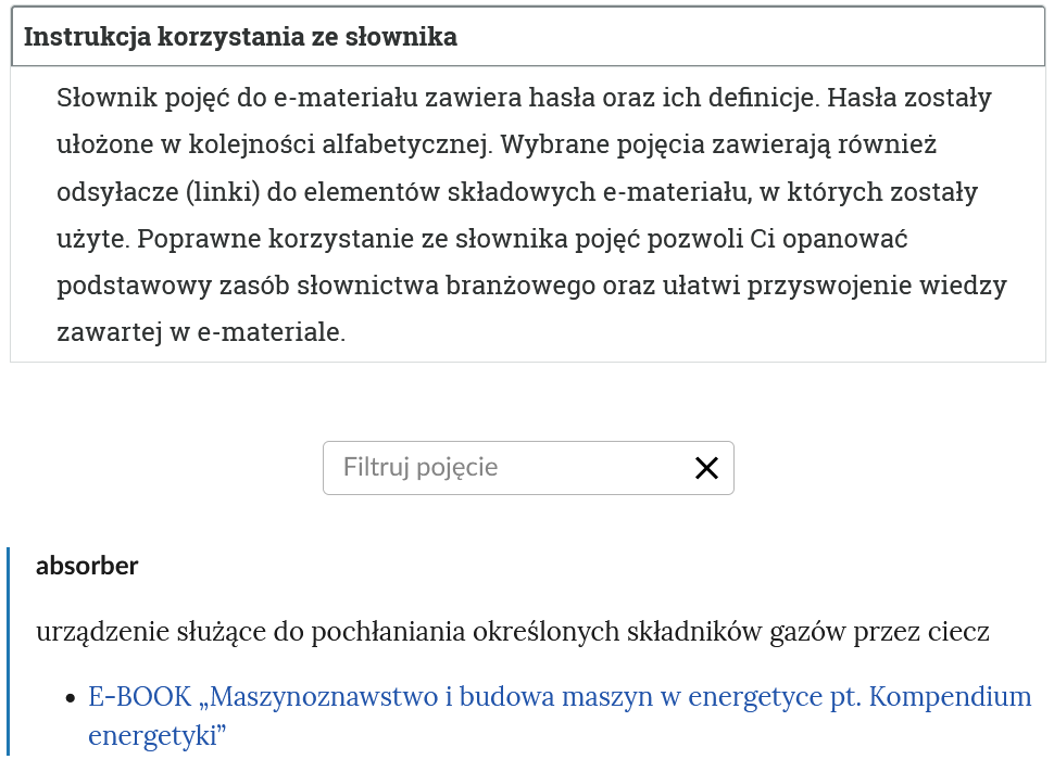 Przykładowy widok otwartej zakładki instrukcji korzystania ze słownika. Pod nazwą zakładki znajduje się prostokątny panel filtruj pojęcie i znak iks. Poniżej jedno z haseł wraz z definicją oraz nawigacją do zakładki, w której słowo się znajduje.