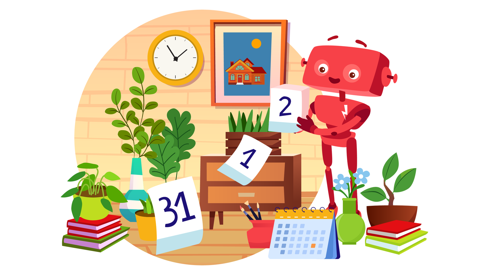 Ilustracja przedstawia pomieszczenie w domu Franka i Mai. W tle widać bladopomarańczową ścianę, na której wisi okrągły jasnopomarańczowy zegar ze wskazówkami. Na prawo od zegara wisi obrazek w brązowej ramce. Obrazek przedstawia duży dom jednorodzinny na granatowym tle i pomarańczowe słońce nad nim. Poniżej, pod ścianą, na drewnianej podłodze, stoi niska brązowa szafka z dwiema szufladami. Na szafce ustawiono zieloną roślinę w ciemnobrązowej skrzynce. Dookoła szafki znajdują się różne przedmioty. Po lewej stronie są trzy książki ułożone jedna na drugiej. Pierwsza i druga ma czerwoną okładkę, a trzecia zieloną. Na książkach ustawiono zieloną roślinę w jasnozielonej donicy. Na prawo od książek są trzy gałązki z zielonymi listkami w wazonie w biało‑turkusowe pasy, niewielka zielona roślina w jasnopomarańczowej donicy i kolejna zielona roślina, której donicy nie widać, ponieważ zasłania ją biała kartka z kalendarza z liczbą 31 na środku. Na pierwszym planie są trzy pędzle w czerwonym pojemniku i pomarańczowo‑niebieski kalendarz biurkowy. Za kalendarzem znajdują się dwa jasnoniebieskie kwiaty w jasnozielonym wazonie. Na prawo od wazonu są dwie książki ułożone jedna na drugiej. Pierwsza ma czerwoną okładkę, a druga jasnozieloną. Za książkami widać zieloną roślinę w ciemnobrązowej donicy. Za przedmiotami, na prawo od brązowej szafki, stoi uśmiechnięty Zgrzytek. W rękach trzyma kalendarz z kartkami do zrywania. Widoczna kartka ma na środku cyfrę 2. Poniżej kalendarza, w powietrzu, unosi się zerwana kartka z cyfrą 1.